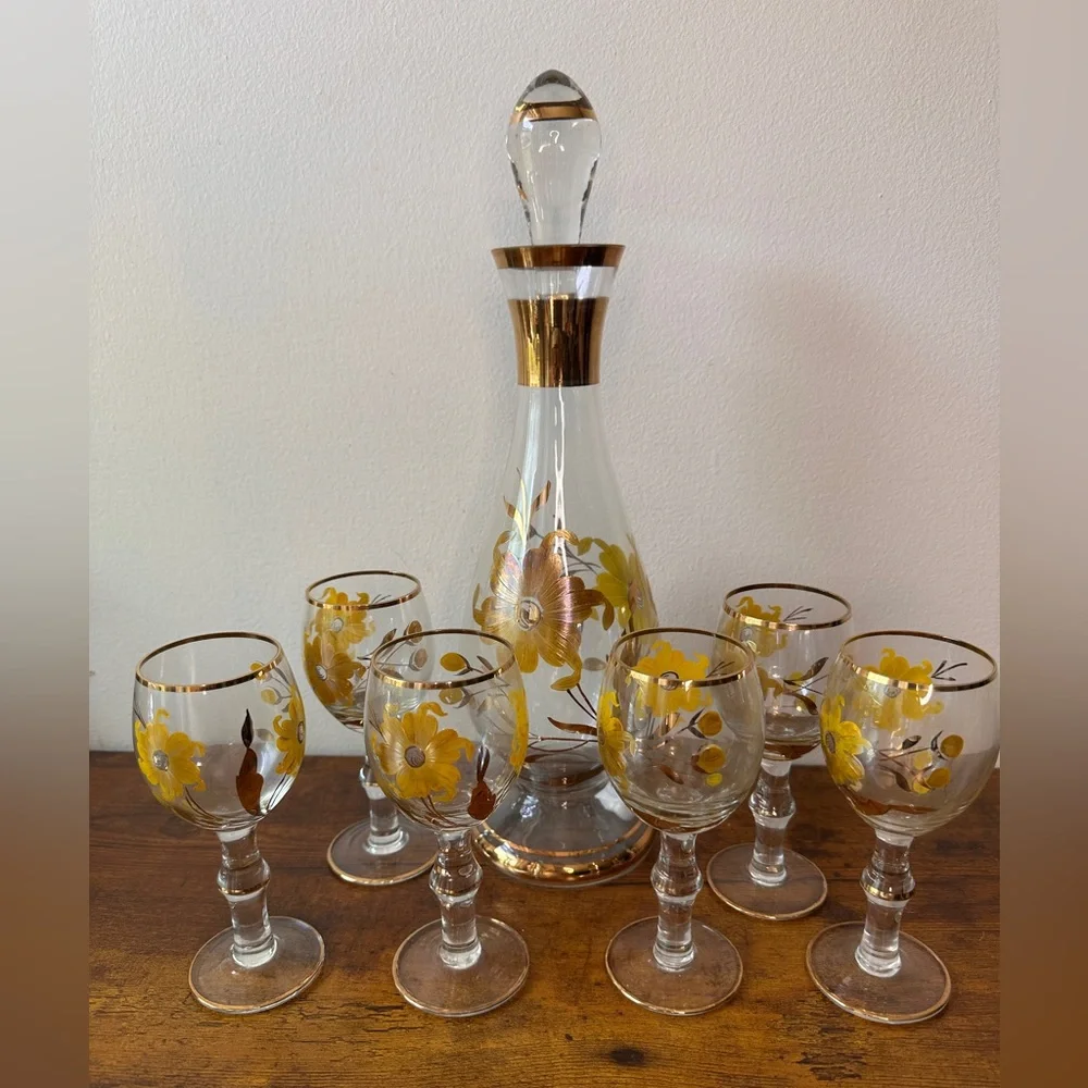Vtg Mid-Century Romanian Glass Decanter Set - 6 Cordial Glasses - Hand Painted